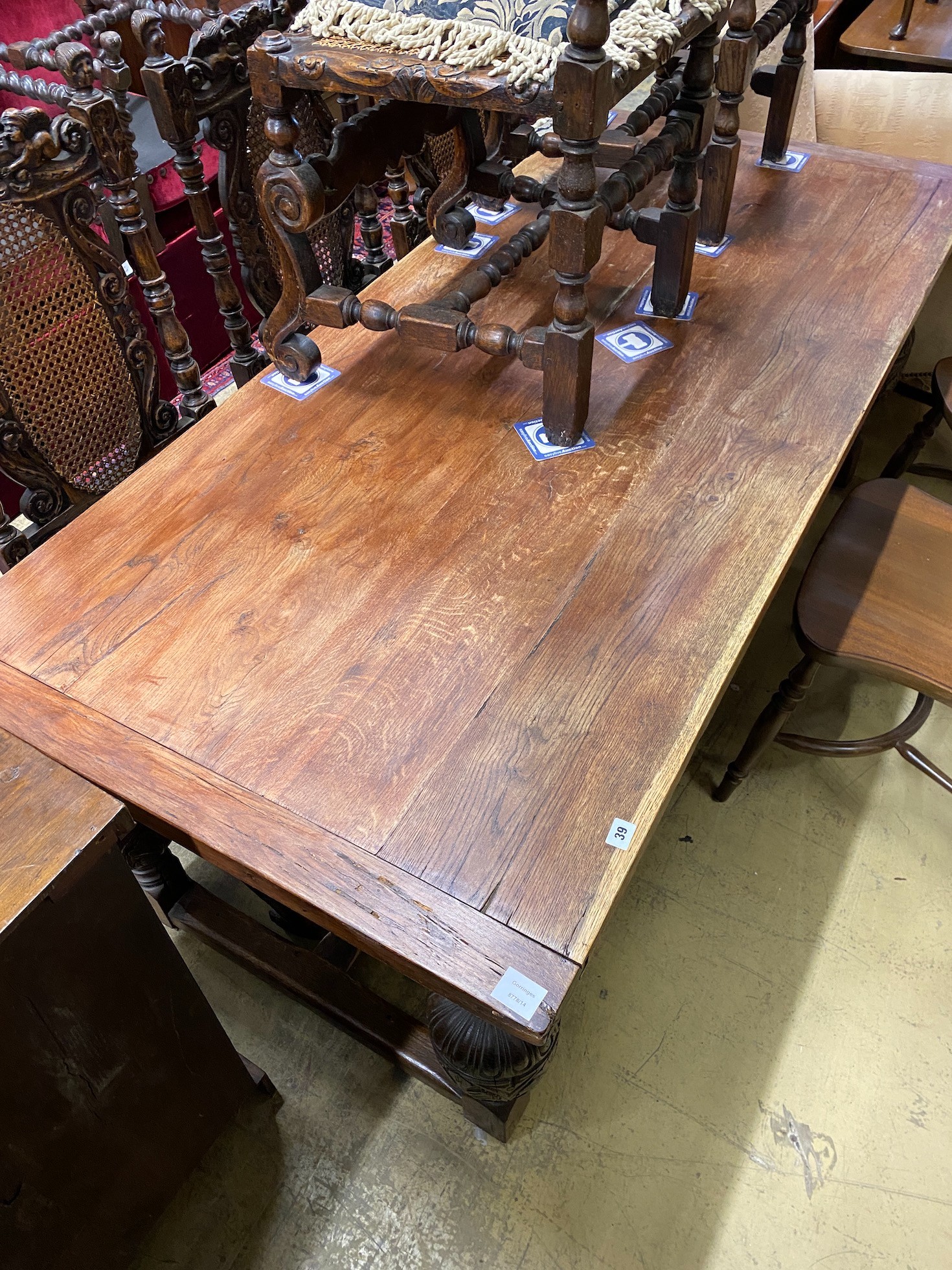 A 17th century style rectangular oak refectory table, width 194cm, depth 88cm, height 74cm